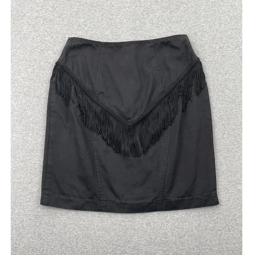 Vintage Y2K Black Fringe Mini Skirt Size 7 Western Boho Cowgirl Party High Waist